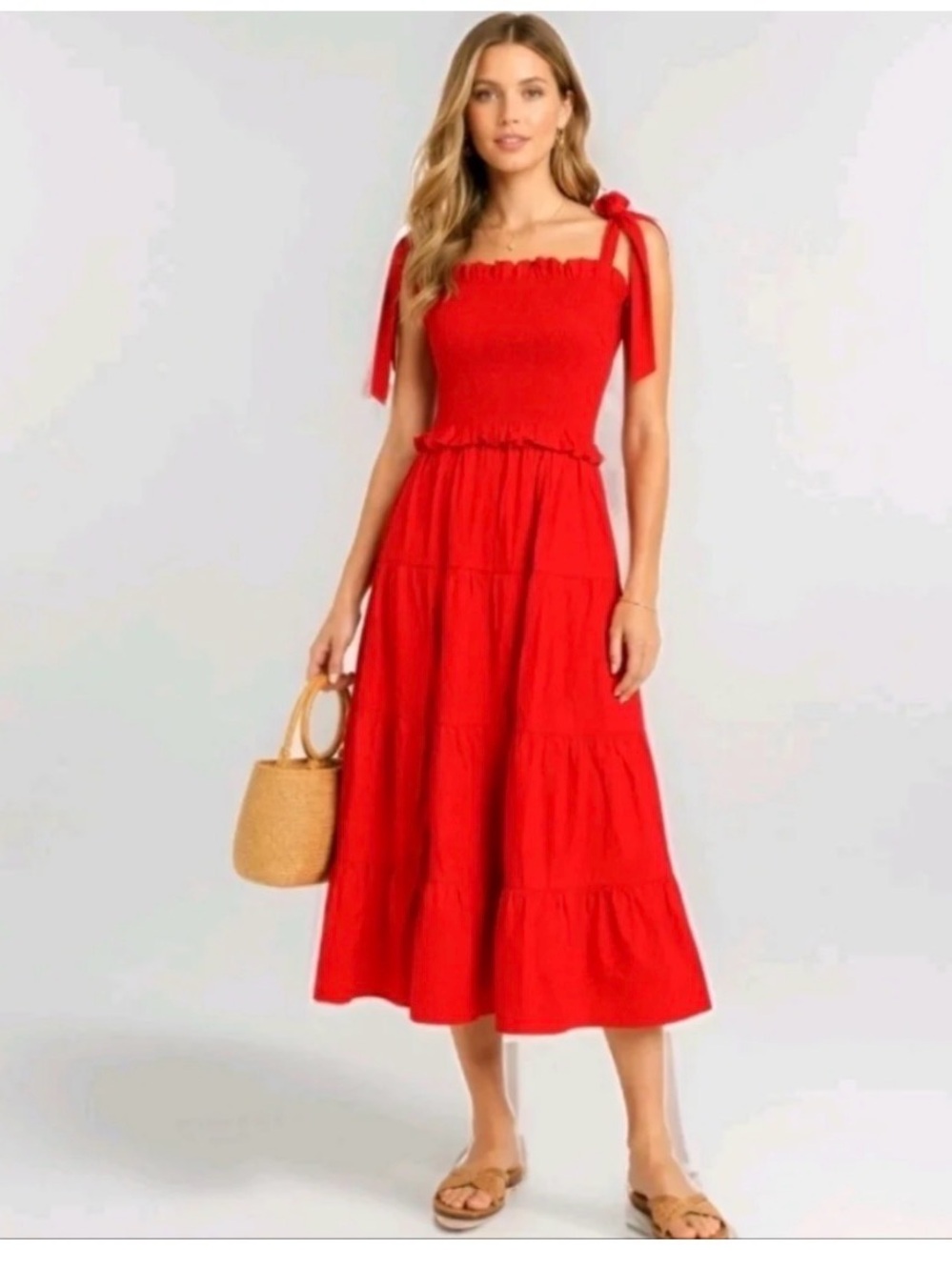 Tuckernuck Red Smocked Tie-Strap Tiered Midi Dress Size XS